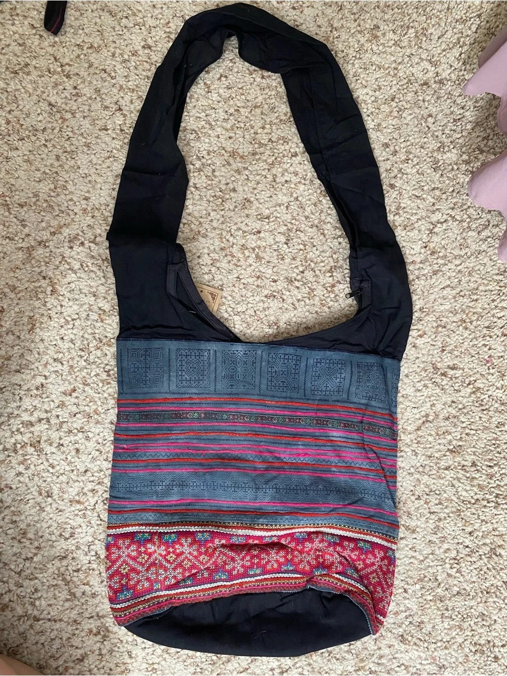 Bohemian Striped cross stitched Cotton Hobo Bag in Blue and Red